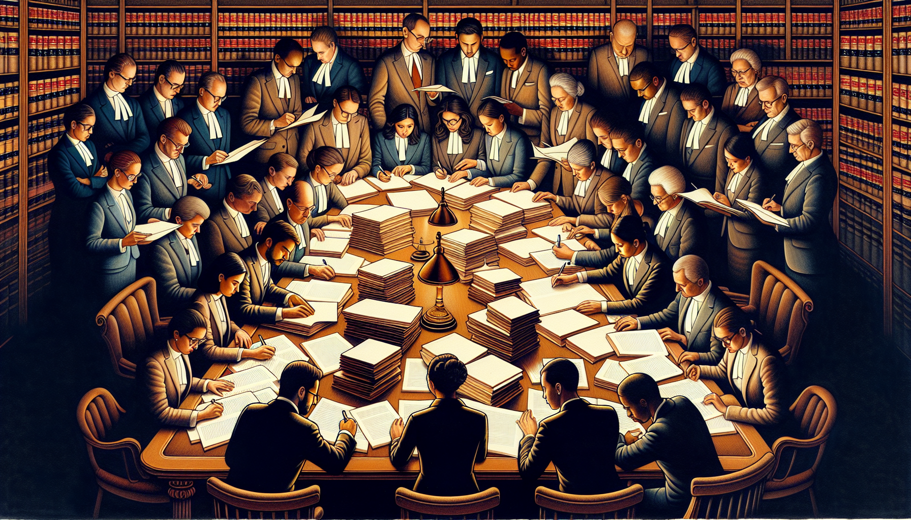 Illustration of M&A lawyers reviewing legal contracts for a transaction