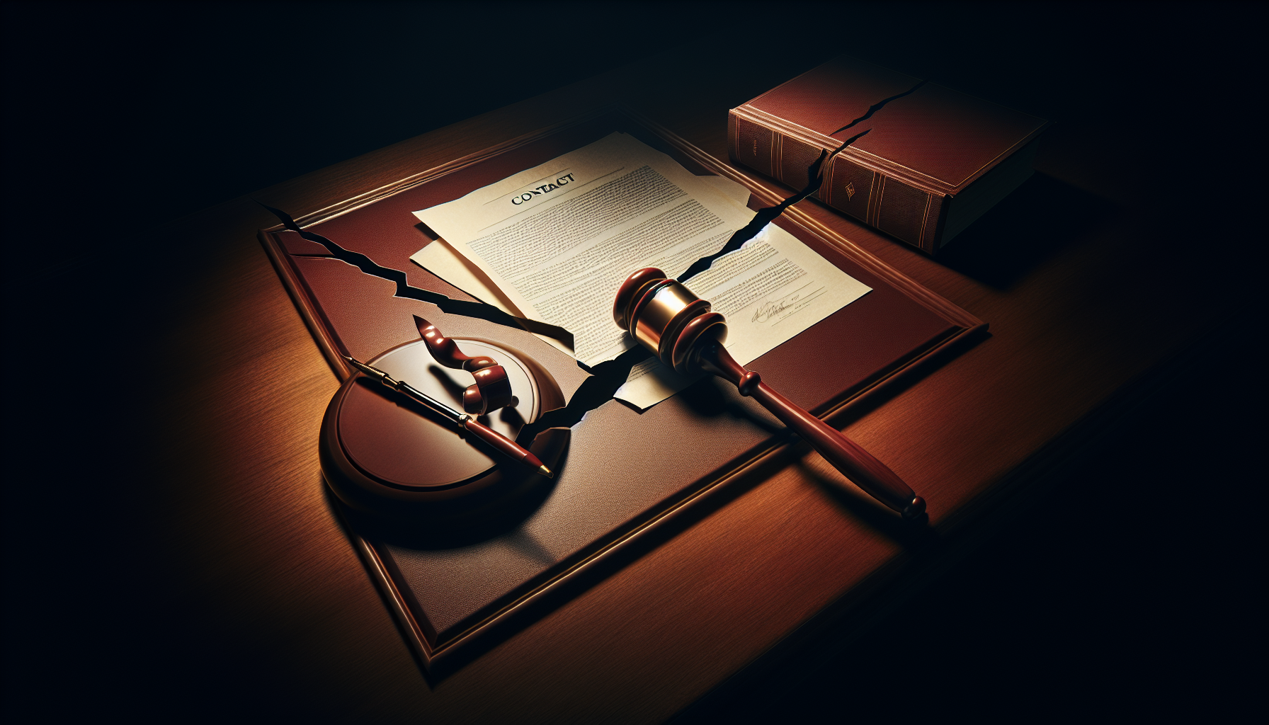 Illustration of a gavel and a broken contract