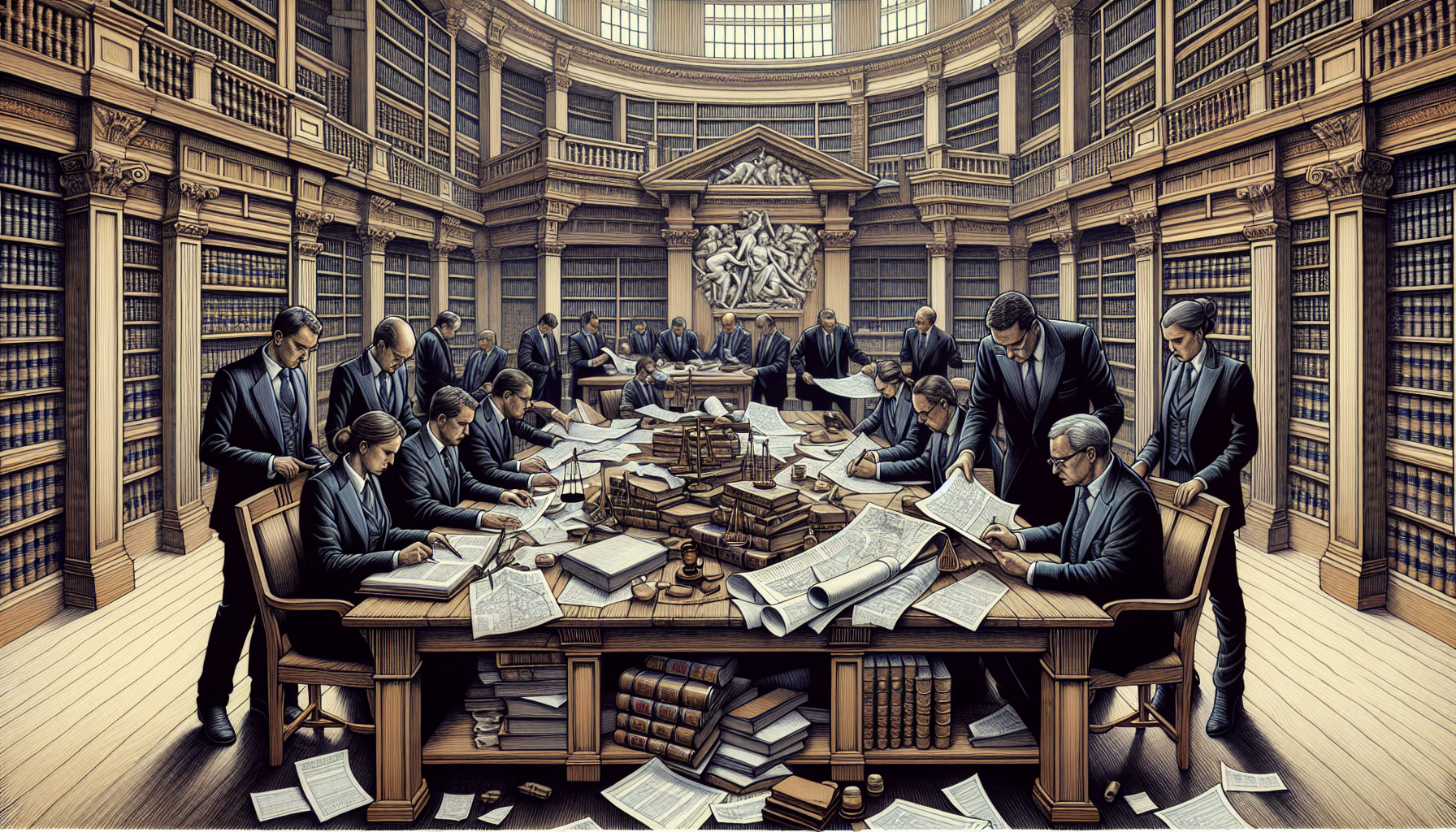 Illustration of a legal team preparing for court proceedings