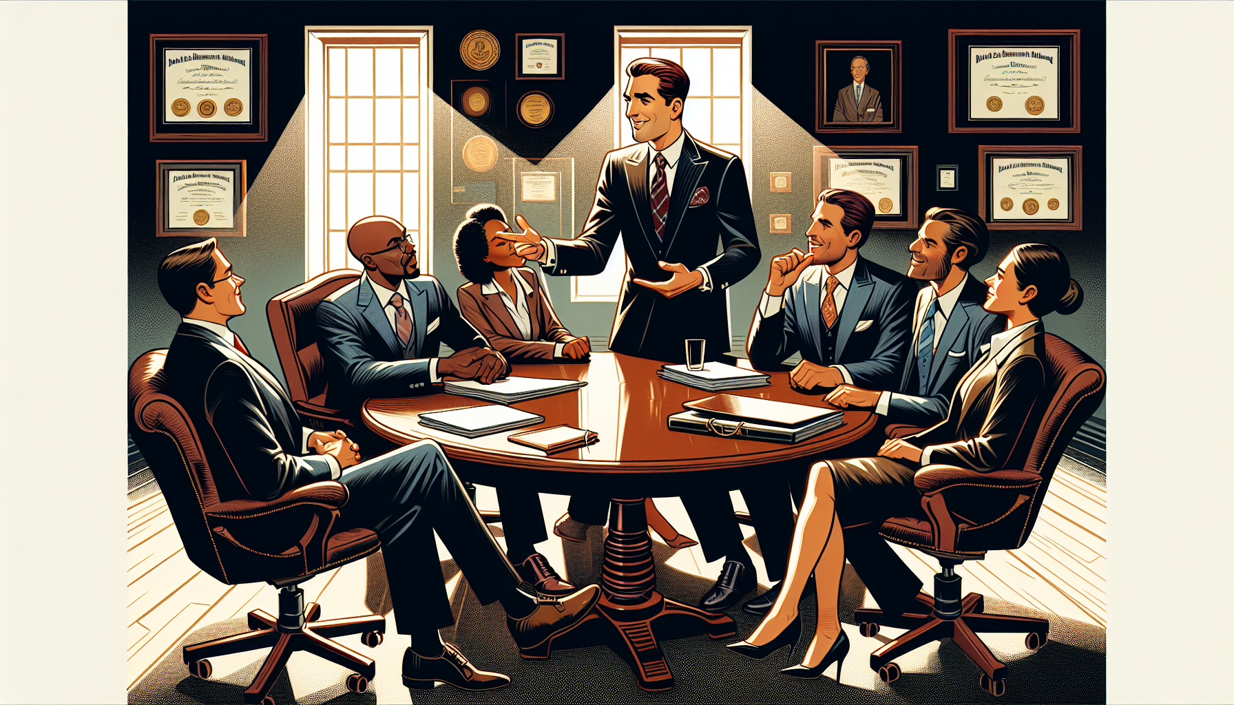 Illustration of corporate lawyer with clients discussing business ventures