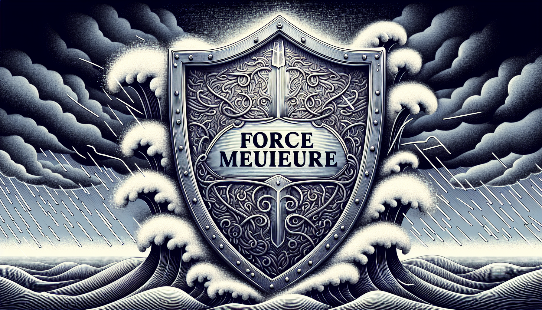 Illustration of a shield with 'force majeure' written on it