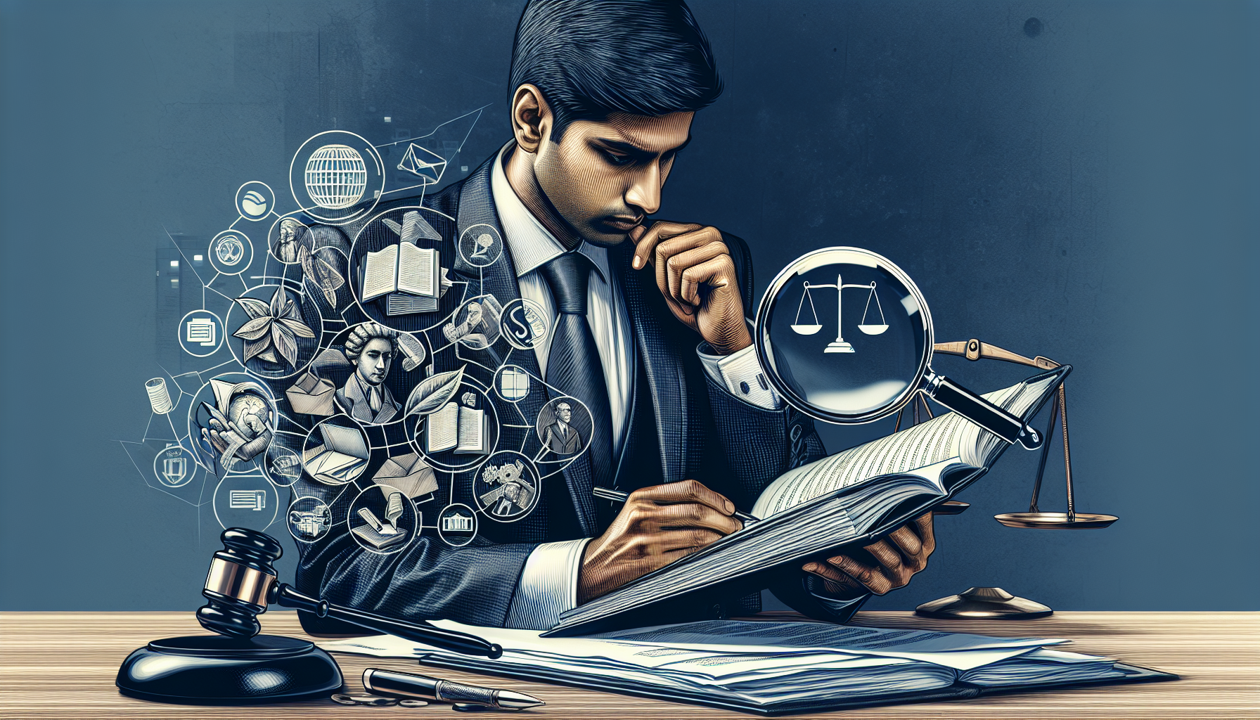 Illustration of a corporate lawyer reviewing a contract