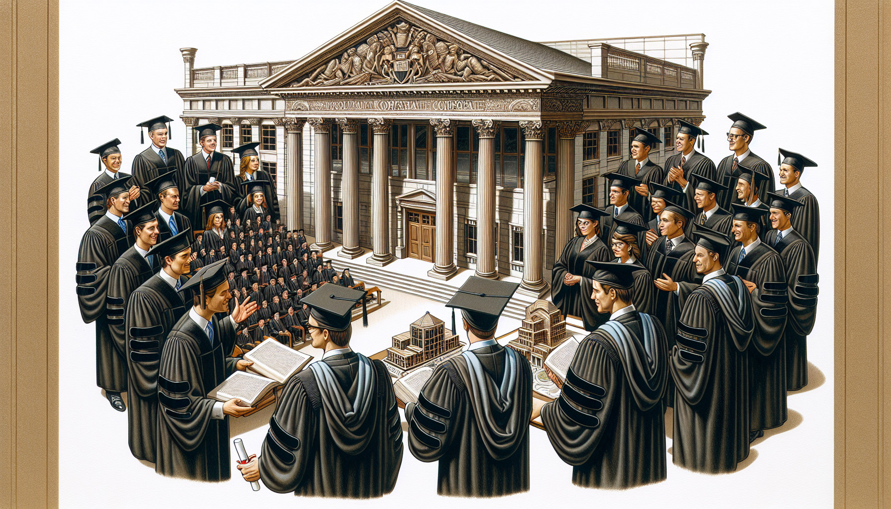 Illustration of law school graduation with a focus on corporate law