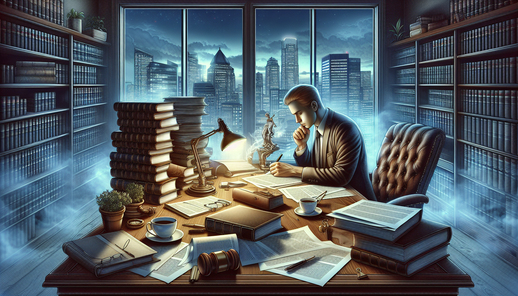 Illustration of corporate lawyer drafting legal documents