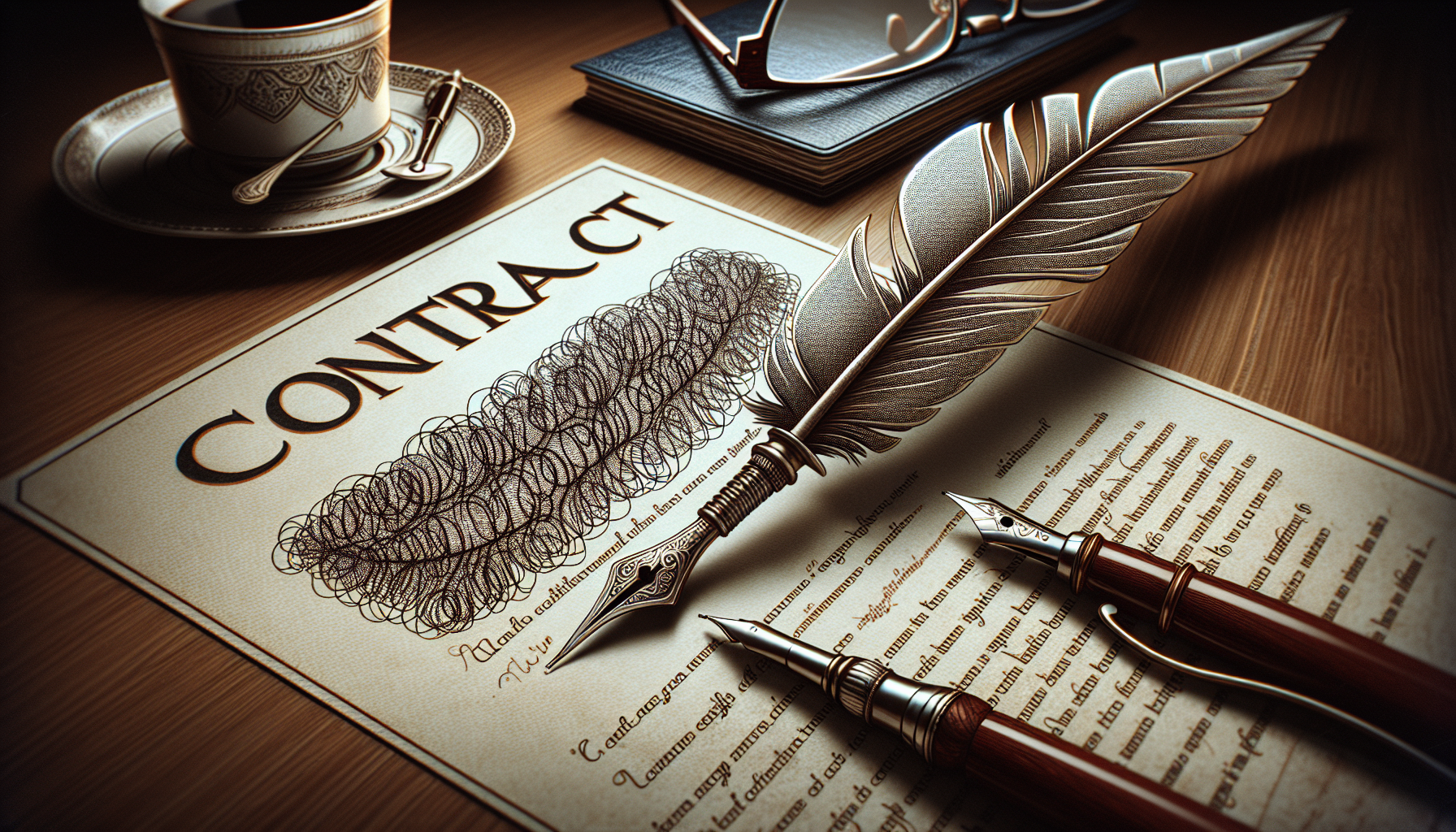 Illustration of a quill pen and a customized contract document